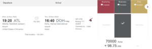 ATL to DOH bookable via Qatar Airways for 70,000 Avios.